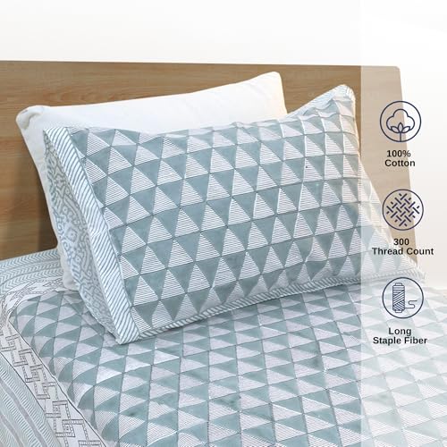Image of TOAI Hand Block Printed Bedsheet | Bed Spread Flatsheet Bed Sheet | Pure Cotton | Single Bed Size 60 inchx90 inch | 300 TC Long Staple Cotton | 1 Reversible Pillow Cover |Green Line Pattern