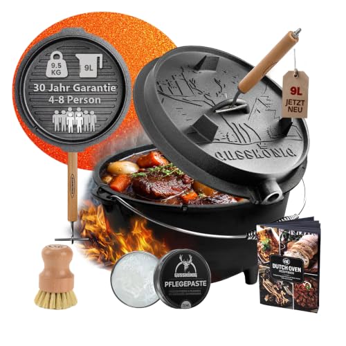 GUSSKÖNIG Premium Dutch Oven 9 Liter Set-2in1 Feuertopf Gusseisen mit Füßen