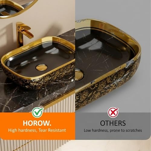 Image of BASSINO 18x13x5.5 Inches Table Top Washbasin /1 Year Warranty /Ceramic Wash Basin for Bathroom /Rectangular Shape Counter Top Wash Basin for Dining Hall /Living Room /Vessel Sink(Glossy Black & Gold)