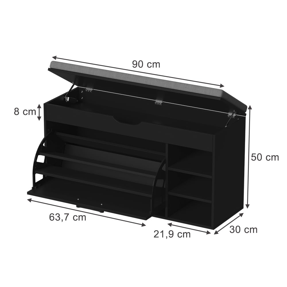Vicco Schuhbank Solino, Schwarz/Grau, 90 x 50 cm mit Sitzfläche, zur Aufbewahrung von Schuhen und Alltagsgegenständen