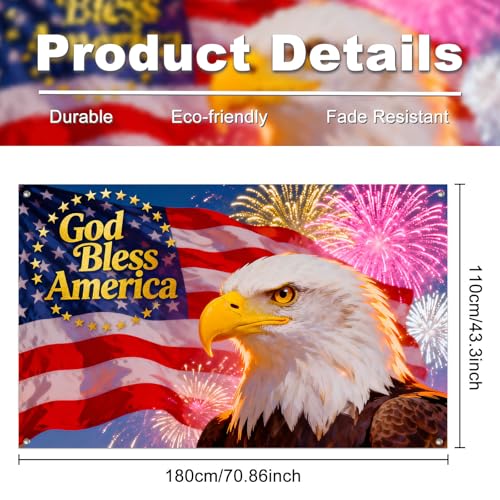 Image of IVN God Bless America Backdrop Banner 71 x 43 Inch Patriotic Bald Eagle USA Flag Fireworks Background Photo Booth Backdrop 4th of July Independence Day Memorial Day Veterans Day Indoor Outdoor Decor