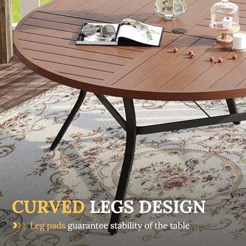 Image of VICLLAX Round Patio Table with Adjustable Umbrella Hole for 8, All Weather Metal Outdoor Dining Table for Lawn Garden, 59.8 inch Outdoor Coffee Table, Walnut Wood-Like Tabletop