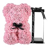 Biobviao Rose Bear - Rose Teddy Bear 10 inch Teddy Flower Bear - Over 250 Dozen Artificial Flowers - Mothers Day, Anniversary Bridal Showers Clear Gift Box (Light Pink)