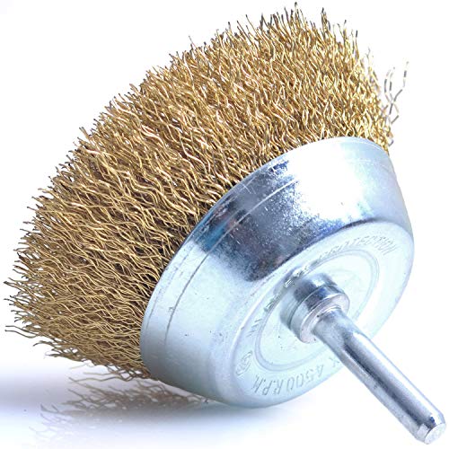 Image of 3 inch(75mm) Wire Cup Brush with 1 /4 inch Shank Brass Steel Crimp Wheel Heavy Duty Wires Brushes for Metal, Removal of Rust Corrosion Paint 3PCS