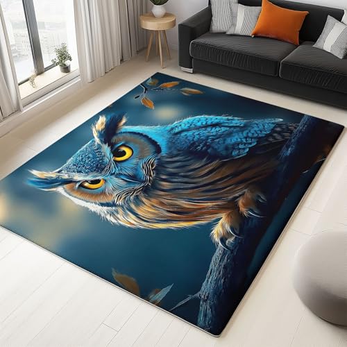 Bleu Tapis Enfant 80x150 cm Hibou Dessins Animés Animaux, Tapis à Poil Court Doux et Antidérapant, Moquette Décorative pour Chambre d'enfant Salon et Salle...