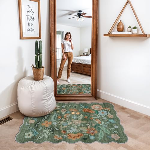 Washable Floral 2x3 Area Rug: Indoor Soft Scalloped Carpet for Entryway Kitchen Nursery Non-Slip Water Resistant Bathroom Laundry Floor Mat Low Pile Durable Door Mat(2x3 Floral/Green)