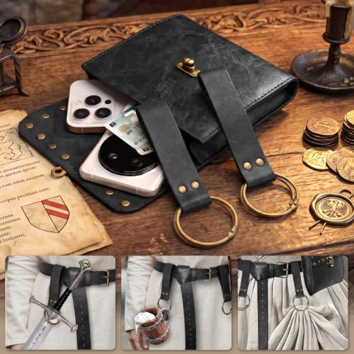 Image of Renaissance Belt Pouch Medieval Viking Leather Bracers Set for LARP