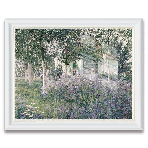 White Frame Vintage Garden Landscape Wall Art Print, Impressionist Cottage Garden Painting Poster, Purple Wildflower Meadow Floral Artwork, French Country Farmhouse Wall Decor 12x16 inch