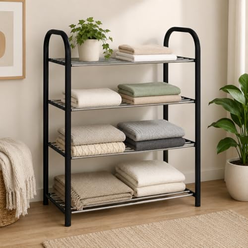 Image of Strassis Design Metal Single Garment Stand with Bottom Shelves Garment Rack Metal Coat Hanging Rack with Multipurpose Shelf Clothes Shoes Blanket Standing Storage Organizer 4 Hooks Coat Rack (Black)
