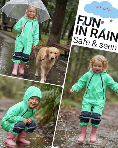 JiAmy Regenanzug Kinder, Regenoverall Einteiler mit Doppel-Reißverschluss & Verstärkten Knien, Ungefütterte Matschkleidung für Jungen & Mädchen 1-2 Jahre Grün