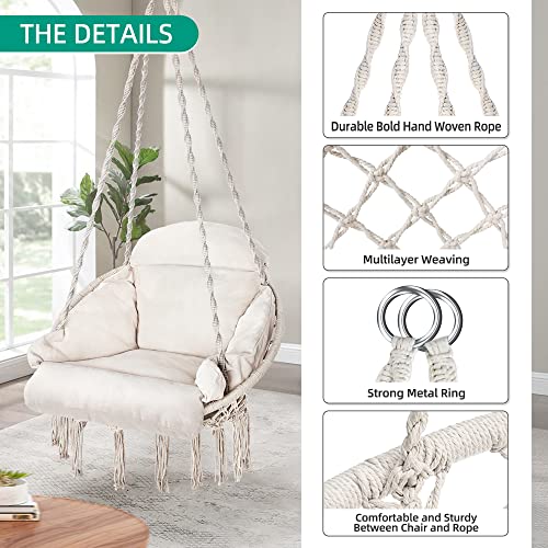 Purekea Hammock Chair, Macrame Hanging Swing Chair With Large Padded Cushion And Hardware Kits, Max 330 Lbs, Hanging Cotton Rope Chair For Indoor, Outdoor, Bedroom, Patio, Porch, Garden (Beige) #TOP2