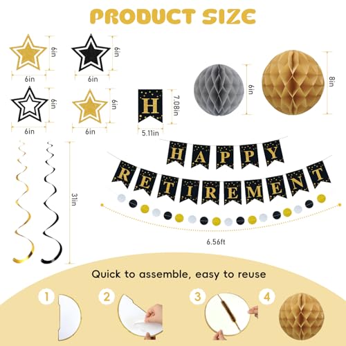 Image of Happy Retirement Party Decorations for Men Women Black Gold Happy Retirement Banner Honeycomb Balls Pentagram Hanging Swirl Streamers Circle Dots Garland