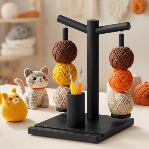Image of HangerSpace Wooden Yarn Holder for Crocheting and Knitting, Upgraded Magnetic Rotating Yarn Spinner with 2 Spindles, Perfect for Crocheting and Knitting Lovers