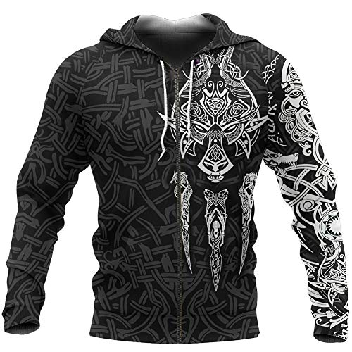 Viking Hoodie, Norse Mythology Wolves of Fenrir 3D Novelty Print Full Zip Big Pockets Jacket, Fashion Street Harajuku Vintage Cool Outdoor Sweatshirt,Black2,M