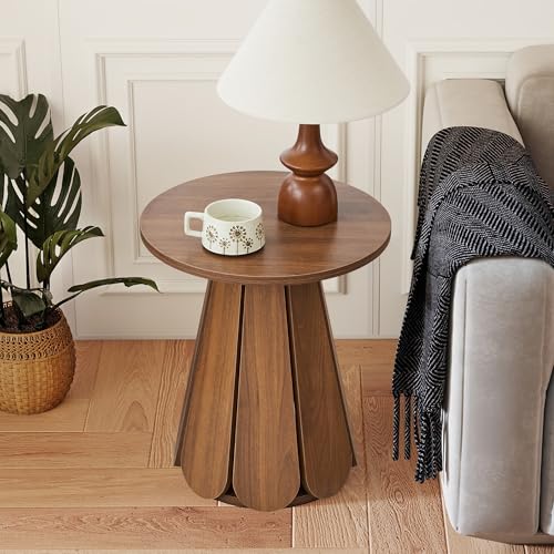 Image of Round End Table Nightstand Set of 2, Mid Century Modern Side Table, Circle Bedside Tables Wood Night Stands for Bedroom, Living Room, Small Space, Walnut