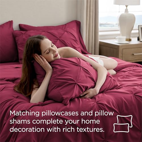 Image of Bedsure King Size Comforter Set Dark Red - Bed in a Bag Bedding Set 7 Pieces, GentleSoft Pintuck Bed Set Gift for Family, All Season Down Alternative Comforter with Sheets, Pillowcases & Shams