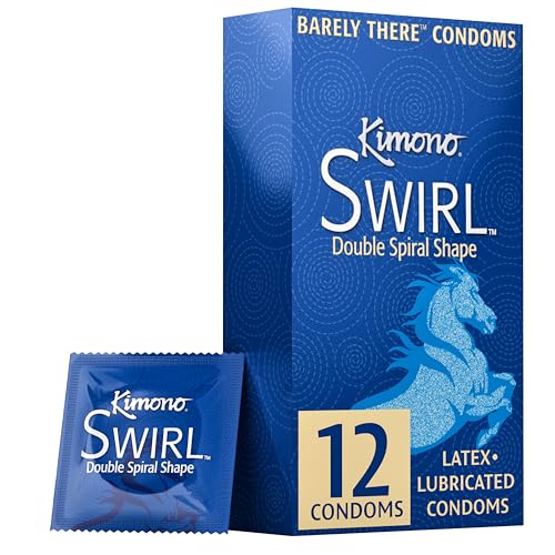 Kimono Swirl Condoms Pack of 12 - Double-Helix Twisting Shape, Condom Innovation, Extreme Sensations, More Comfort, Lubricated, with Reservoir Tip, Natural Latex Condoms, Vegan, No Latex Odor