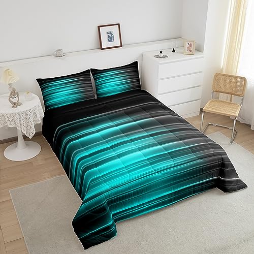 Image of Feelyou Teel Green Abstract Ombre Comforter Set Twin Size, Teel Green and Black Bedding Set Geometric Abstract Ombre Comforter Stripes Duvet Set Lightweight Quilt Set