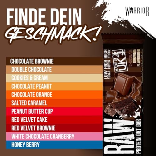 Warrior Raw Proteinriegel 12 x 75 g – Ballaststoffreicher Haferriegel mit Protein, High Protein Snack ohne Zucker, Natürlicher Haferflocken Riegel mit Präbiotika – Schoko-Brownie