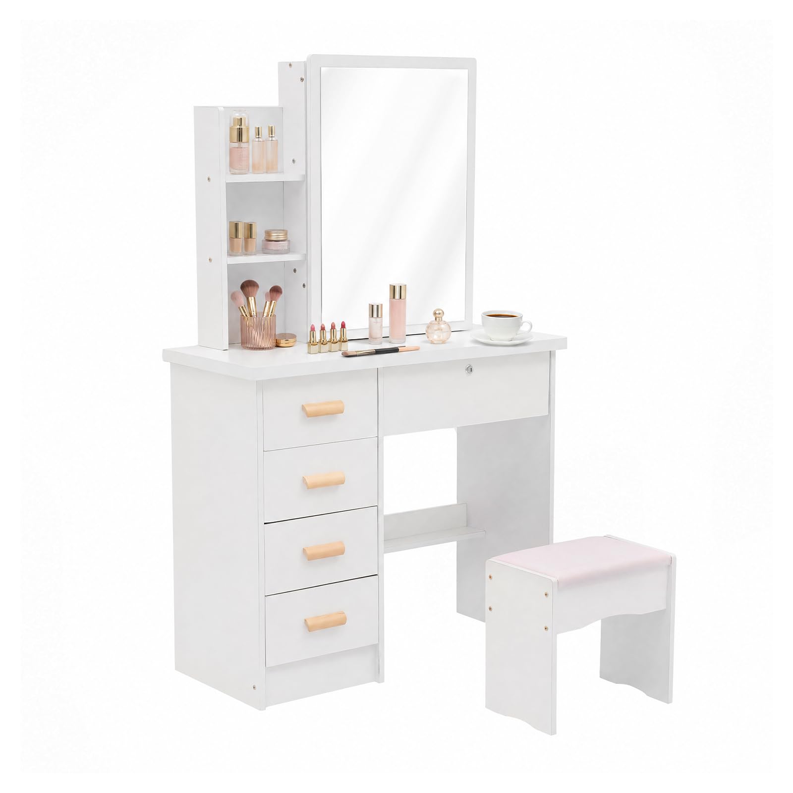 Schminktisch mit Spiegel und Hocker, 5 Schubladen, 80 × 35 × 128 cm