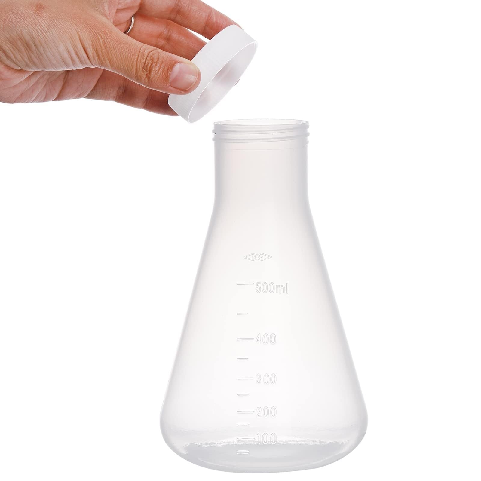 Set aus 10 Kunststoff-Erlenmeyer-Kolben, Enger Hals mit Schraubverschluss, Labor-Kegelkolben mit Skalierung (50ml bis 1L)