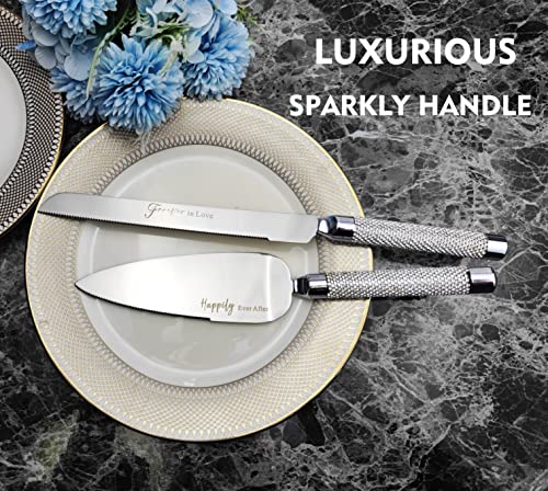 Wedding Cake Knife And Server Set, 420 Stainless Steel Silver Cake Cutter And Pie Server Slicer, Rhinestones Studded Handle Cake Cutting Set For Wedding Gifts, Engagement Gifts For Bride And Groom #TOP1