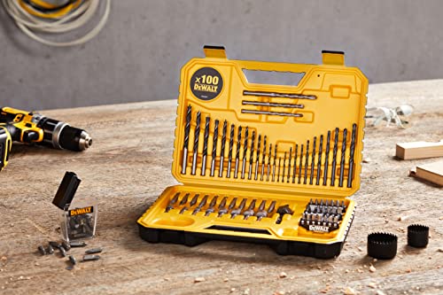 DeWalt DT71563-QZ - Juego de 100 Piezas taladrar 12XBrocas para madera3-8mm, 3X Mamposteía 6-8mm, 12X Metal 1,5-6mm, Puntas para Atornillar, 1 Avellanador, 2X Coronas 32,44mm, Broca piloto