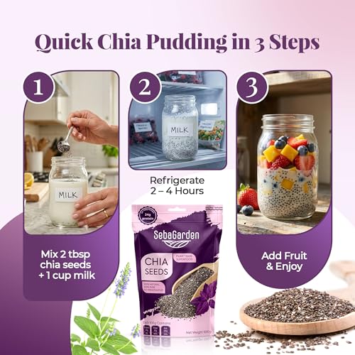 Seba Garden Premium Nährstoffreich – Rohe schwarze Chiasamen 1 kg (2,2 lb) mit 5 g Protein und 10 g Ballaststoffen für Salate, Joghurt und Smoothies, gentechnikfrei, vegan, glutenfrei, Keto und Paleo