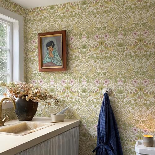 HueBurst William Morris Vintage Peel and Stick Wallpaper 17.7 x 118in Strawberry/Bird Botanical Self Adhesive Removable Waterproof Contact Paper for Living Room Bedroom Cabinets Drawers Decor by HueBurst - Image 4