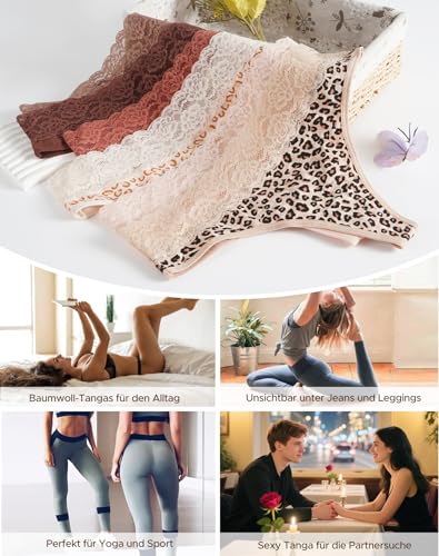 INNERSY String Damen Baumwolle Unterwäsche Tanga mit Spitze Weich Unterhosen Frauen 6er Pack (M, 4 Maillard Farben/2 Leopard)