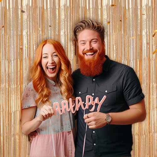 Image of DECOCKRAT 2 Pack Foil Fringe Backdrop - Laser Champagne Shiny Tinsel Curtains for Party Decoration /Photo Booth Props - 3.3x6.6 FT Metallic Foil Backdrop for Birthday, Wedding, Graduation, Christmas.