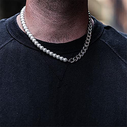 Pearl Necklace Men Half Pearl Half Chain Necklace 18k Gold Stainless Steel Cuban Link Neckalce for Men2