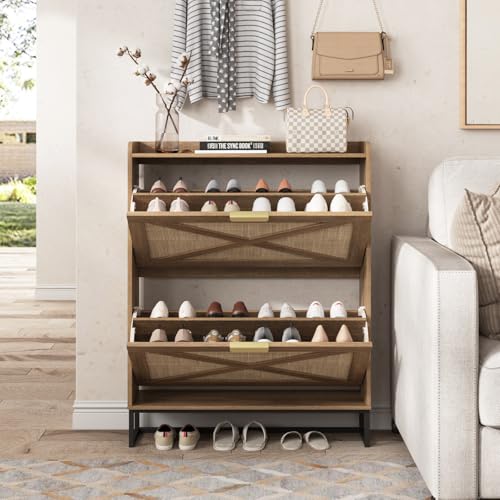 Image of Maupvit Shoe Storage Cabinet with 2 Rattan Flip Drawers, Freestanding Organizer with Metal Legs for Entryway, Narrow Shoe Rack Cabinet, Hidden Golden Handles, Rustic Oak Rattan