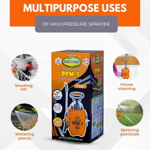Image of Pad Corp PCM5 High Pressure 5 Litre Sprayer Pump for Plants Gardening Cleaning Sanitizing Pest Control | Lightweight & Versatile Hand Pressure Sprayer for Home Garden Small Farm Nursery Use (PCM-5)