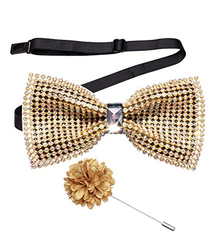 Image of Hi-Tie Pretied Bow Ties for Men Wedding Formal Bow Tie Handkerchief Cufflinks Lapel Pin Set Party Formal Mens Bowtie Set, Crystal Gold, Medium