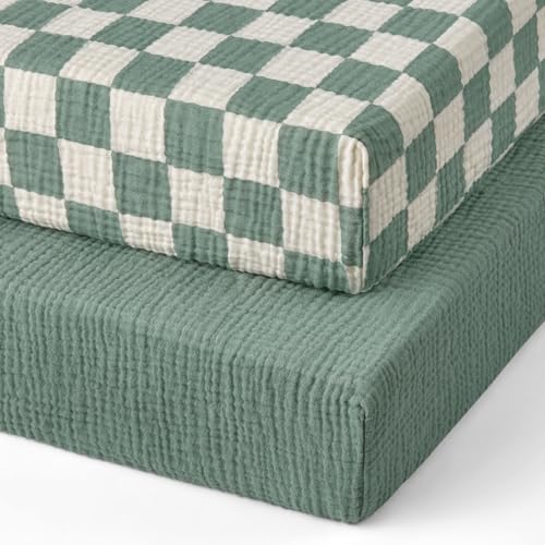 Image of Blissful Diary Muslin Mini Crib Sheets, Pack and Play Mattress Sheets Fitted for Pack N Play, Soft Cotton for Boys Girls, 2 Pack(Sage Checkboard & Sage Green)