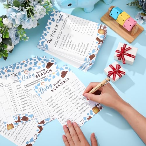 Image of Jetec 302 Pcs Baby Shower Games, 6 Games,50 Sheets Each, Cowboy | Baby Shower Word Scramble, Word Search, Predictions and Advice, Price Right, Guess Game, Baby Shower Decorations
