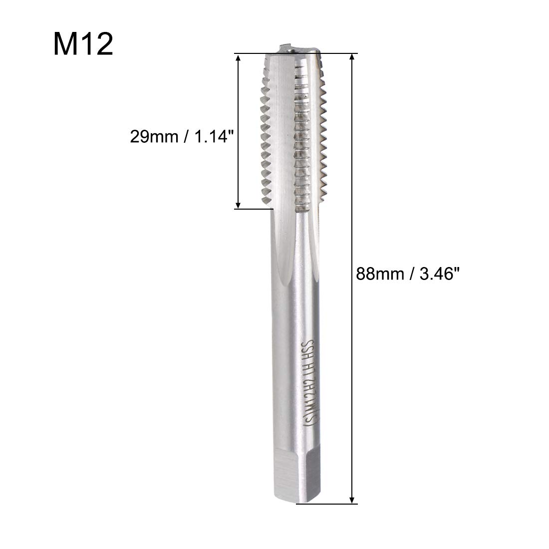 sourcing map Taraud Machine Métrique Gauche Filetage M12 Pas 1.75 H2 4 Flûtes Acier Rapide