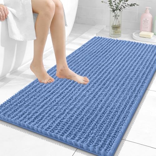 Image of OLANLY Bathroom Rug Mat 44x24, Thick Soft and Absorbent Chenille Bath Mat, Non-Slip Rubber Backing, Machine Washable Quick Dry Bath Rugs for Tub Shower Floor, Home Decor Accessories, Cornflower Blue
