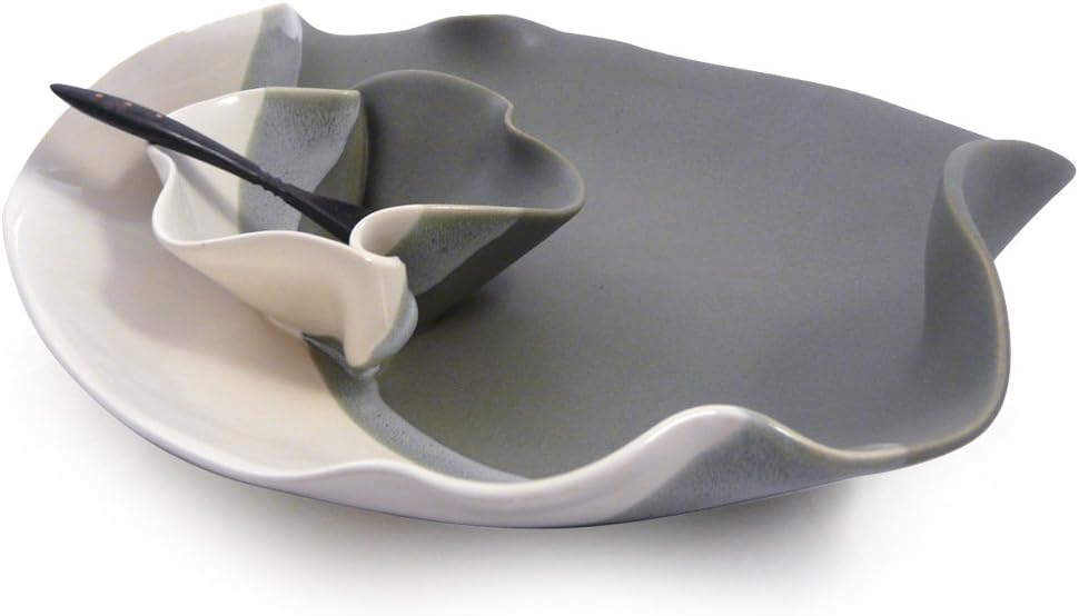 Contemporary Twist Chip and Dip Tray Dish in Grey White, Handmade Pottery
