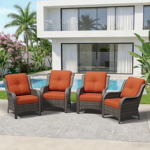 Image of 4 Piece Outdoor Wicker Patio Furniture Set, Patio Chairs Set of 4 with Thickened Olefin Cushions, High Back and Deep Seating, Hand-Woven PE Rattan for Porch, Deck, Orange
