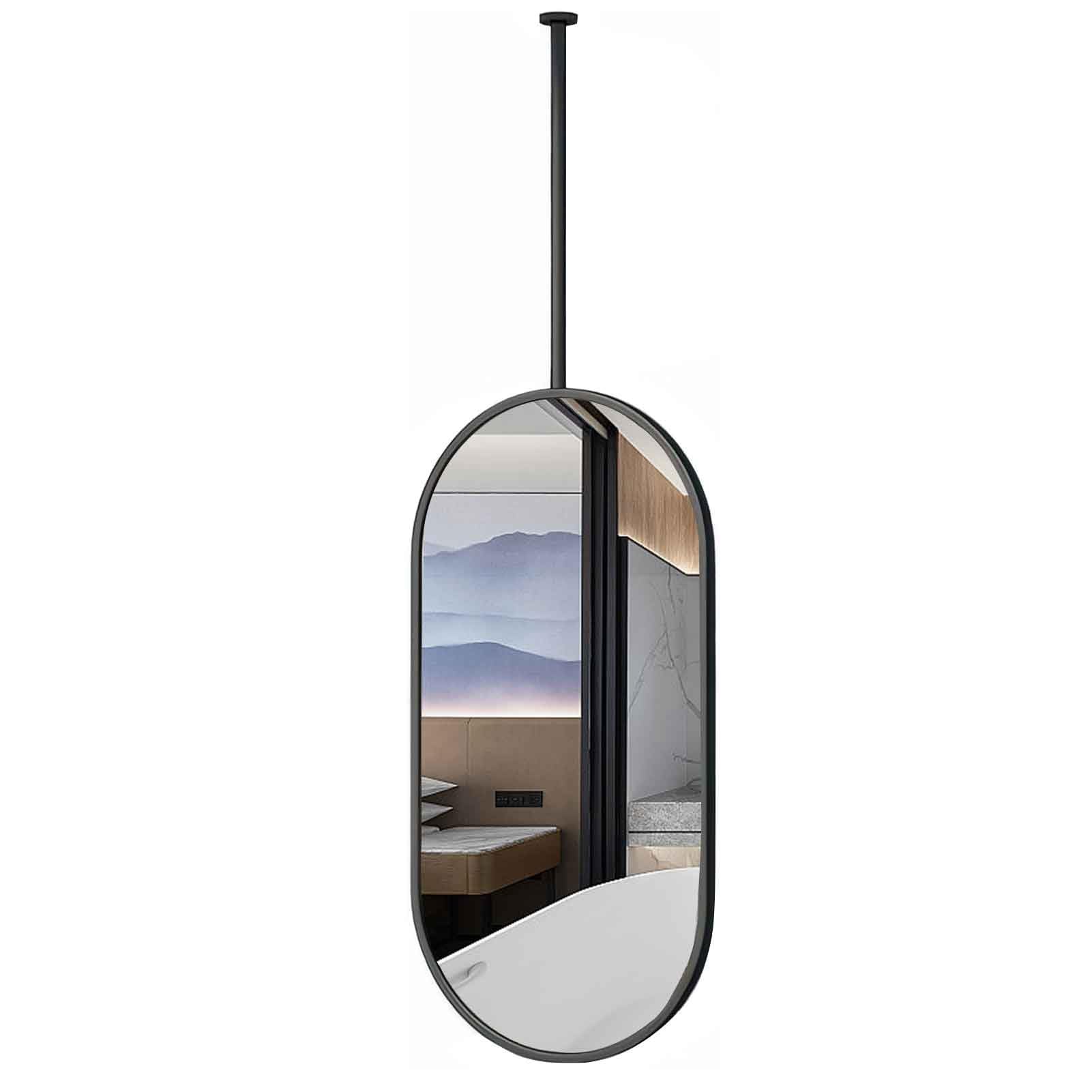 FGXHHS Black Oval Metal Pole Ceiling Suspended Mirror, Hanging Rod Corridor - Supports Customised Rod(40cmx70cm)