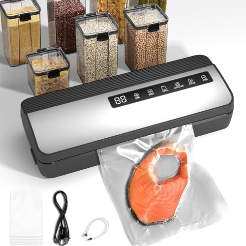 130W Vacuum Sealer - 6-in-1 Vacuum Sealer for Food, Multi-bag Continuous Sealing, Built-In Cutter, Bag Roll Slot, Digital Countdown, Food Saver Vacuum Sealer Machine for Wet & Dry Foods
