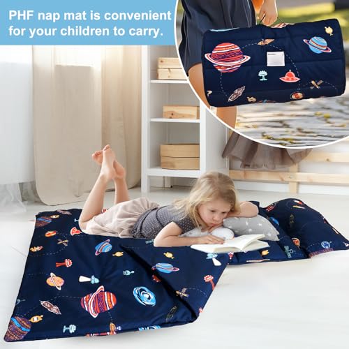 Image of PHF Soft Toddler Nap Mat with Removable Pillow, Rollup Design Kids Sleeping Mat, Slumber Bags for Boys, 50 inchx20 inch Toddler Sleeping Bag for Daycare Preschool Travel Camping, Space