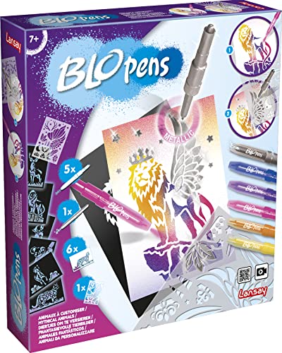 Lansay - BLOPENS - Animaux à Customiser Metallic - pour Enfants dès 7 Ans - Kit de Dessins et Coloriages avec Feutres à Souffler - Loisirs Créatifs - 20 Pochoirs & 8 Feutres