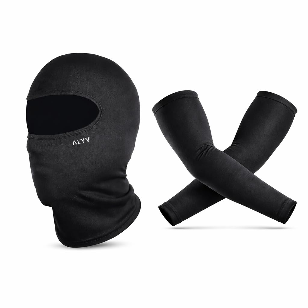 ALYV Balaclava Face Mask with Compression Arm Sleeves Combo for Men & Women | UV Protection Breathable Sports Mask & Arm Sleeves for Bike Riding, Cycling, Gym & Running (Black)-image-36