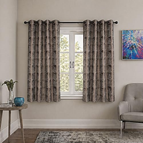 Image of HUTI Home Room Darkening Brown Window Curtain | Knitted Jacquard Look Polyester Eyelet Curtain with Texture Print | 5 Feet (120 x 152 cm) | Set of 2