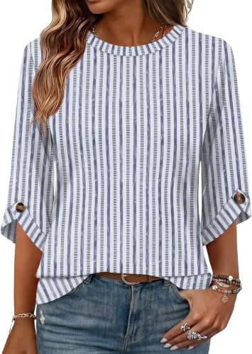 OFEEFAN Womens 3/4 Sleeve Tops with Buttons Crew Neck Summer Fall Clothes