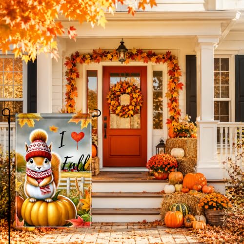 Image of BlissYard I Love Fall Garden Flag Squirrel Pumpkin Decor 12x18 Inch | Double sided polyester, I Love Fall squirrel artwork, cozy woodland charm for Thanksgiving porch and yard displays