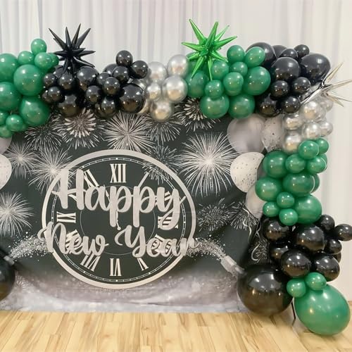 Image of Black and Green Silver Balloon Arch Kit with Explosion Star Balloons, 105pcs Emerald Forst Green and Chrome Metallic Silver Balloons Garland for Wedding Birthday Football Graduation Party Decorations